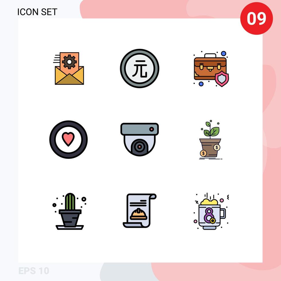 conjunto de 9 sinais de símbolos de ícones de interface do usuário modernos para câmera, valor do coração, amor, seguro, elementos de design de vetores editáveis