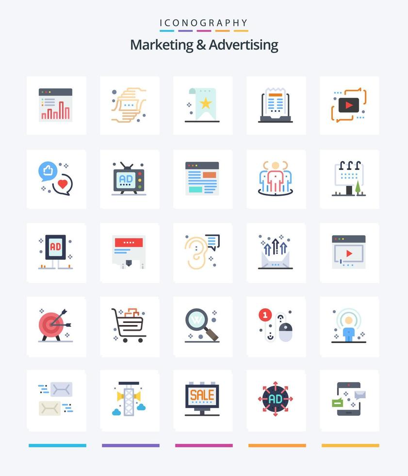 marketing criativo e publicidade 25 pacote de ícones planos, como notícias. negócios. perspectiva. reputação. qualidade vetor