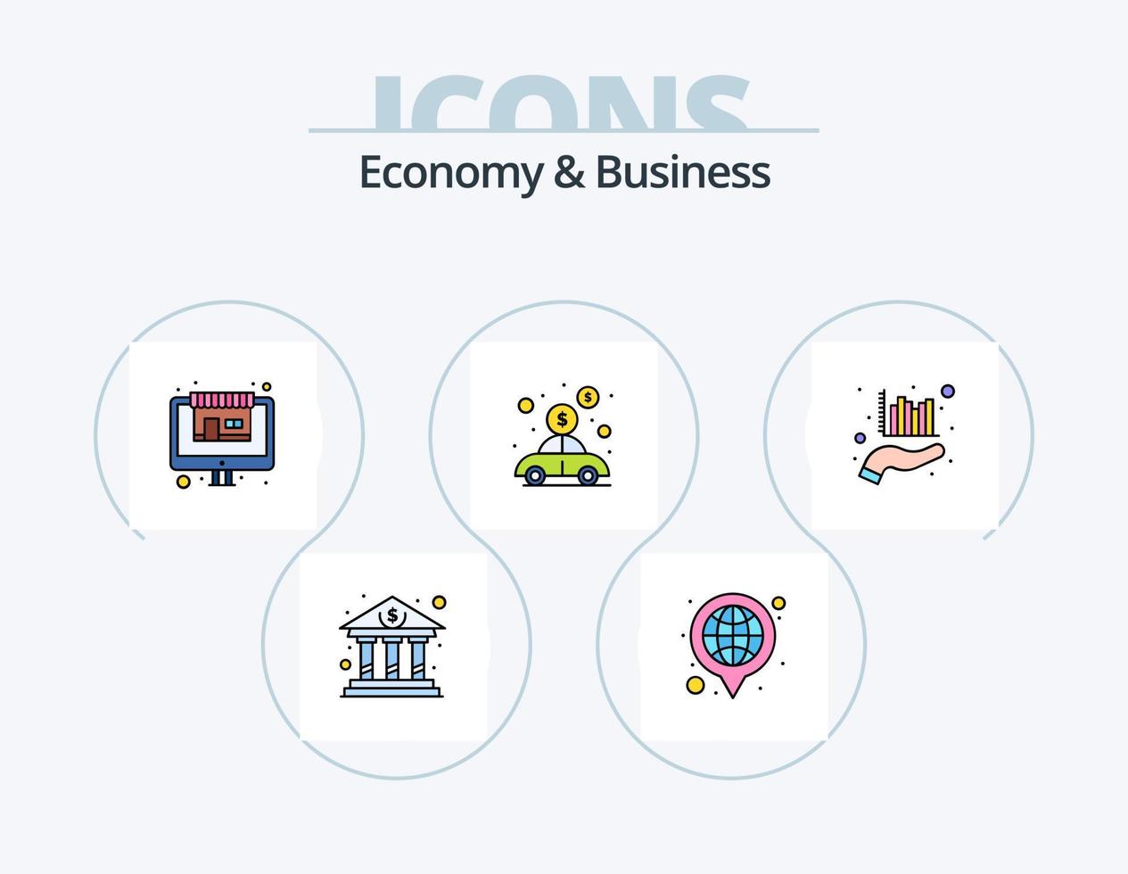 economia e linha de negócios cheia de ícones pack 5 design de ícones. desenvolvimento. loja. negócios. comprar. mercado vetor