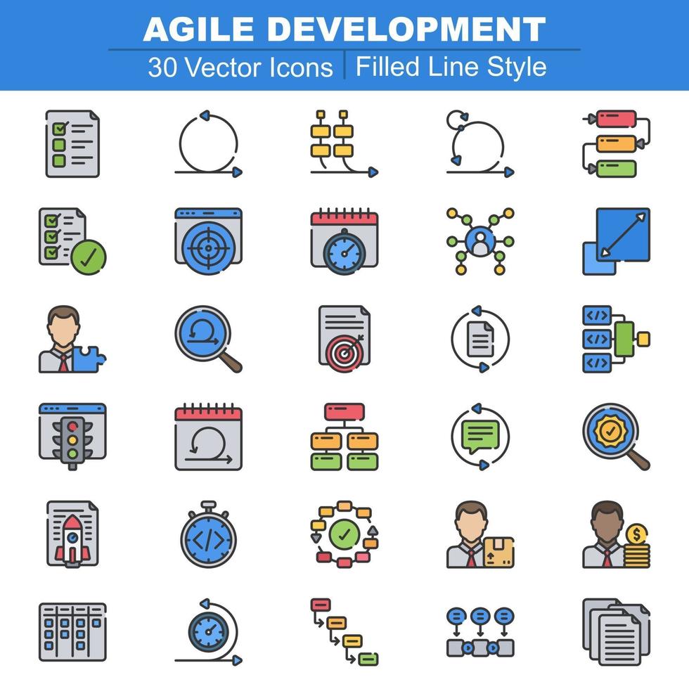 linha cheia de ícones de desenvolvimento ágil vetor
