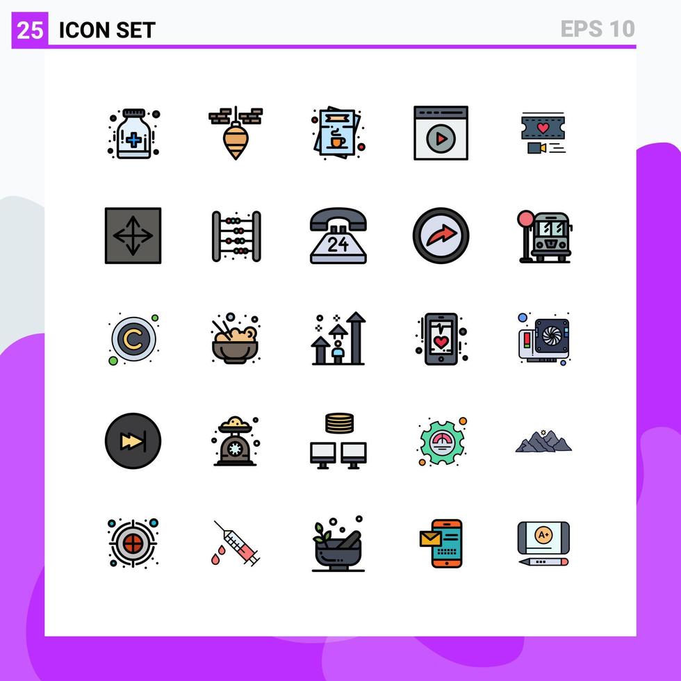 pacote de linha vetorial editável de 25 cores planas de linha preenchida simples de assistir vídeo touch play ordem de reprodução de mídia de café elementos de design vetorial editáveis vetor