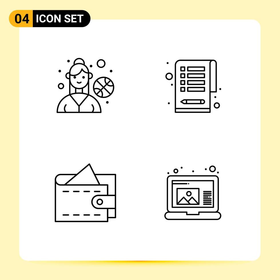 pacote de 4 cores planas criativas de linha preenchida de jogador de basquete criar lista de verificação dinheiro laptop editável elementos de design vetorial vetor