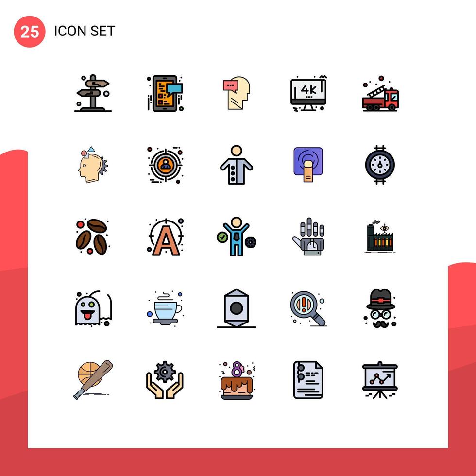 conjunto de pictogramas de 25 cores planas de linha preenchida simples de elementos de design de vetores editáveis de cabeça de tela móvel de alarme tv