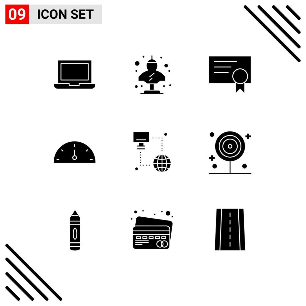 conjunto moderno de pictograma de 9 glifos sólidos de certificado de tecnologia de monitor, medidor de internet, elementos de design de vetores editáveis