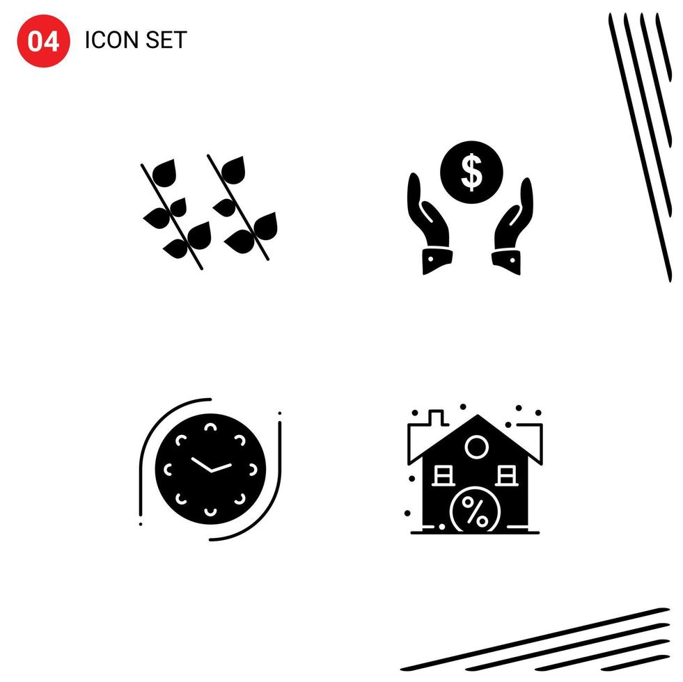 conjunto de 4 sinais de símbolos de ícones de interface do usuário modernos para ecologia tempo primavera dinheiro desconto elementos de design de vetores editáveis
