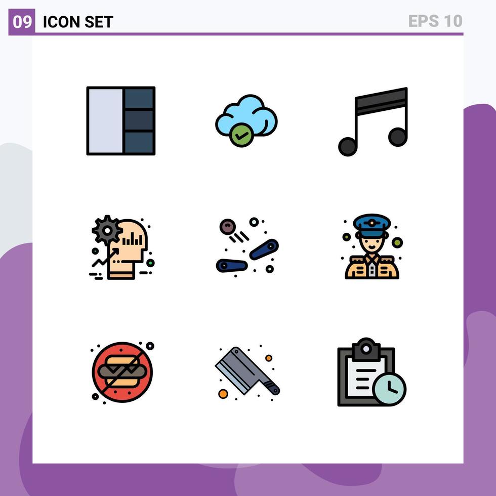 pacote de linha vetorial editável de 9 cores planas de linha preenchida simples de produtividade de música de jogo pinball elementos de design vetorial editáveis vetor