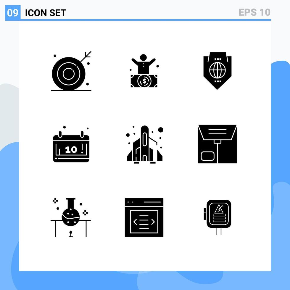 pacote de glifos sólidos de 9 símbolos universais de escudo de calendário milionário globo mundo editável elementos de design vetorial vetor