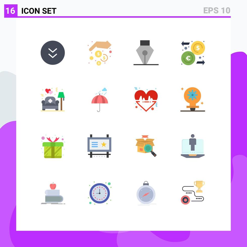 16 cores planas de vetores temáticos e símbolos editáveis de transferência de tinta de sofá pacote euro editável de elementos de design de vetores criativos