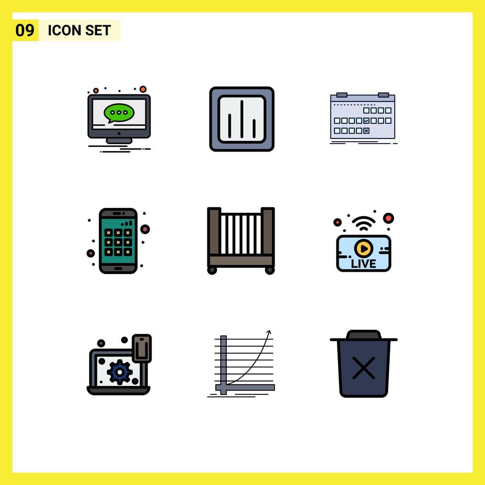 pacote de interface do usuário de 9 cores planas básicas de linhas preenchidas de eventos de programação de relatórios de aplicativos para smartphones elementos de design de vetores editáveis