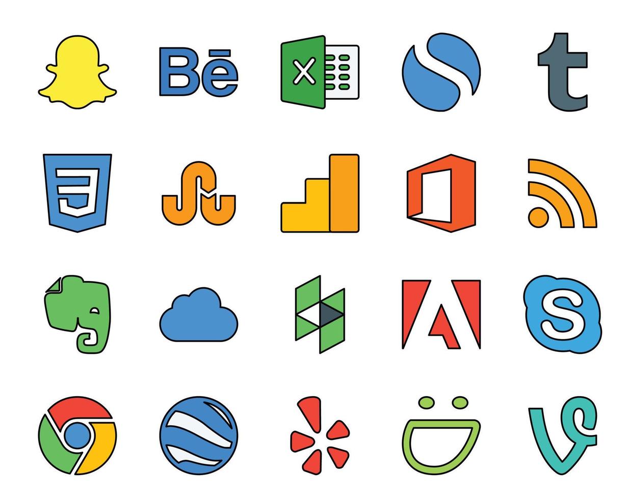 Pacote de 20 ícones de mídia social, incluindo google earth chat office skype houzz vetor