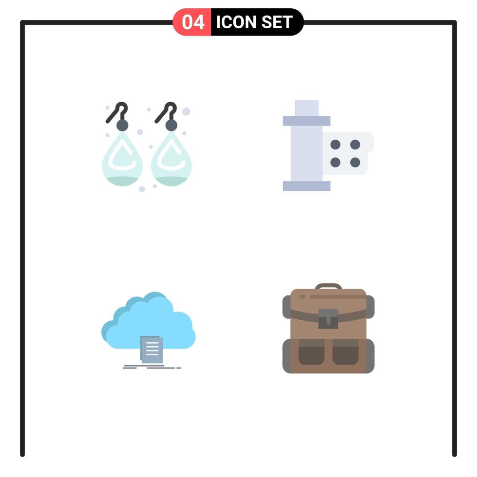 pacote de 4 sinais e símbolos de ícones planos modernos para mídia impressa na web, como tampões para os ouvidos, documento de filme de prata em nuvem, elementos de design vetorial editáveis vetor