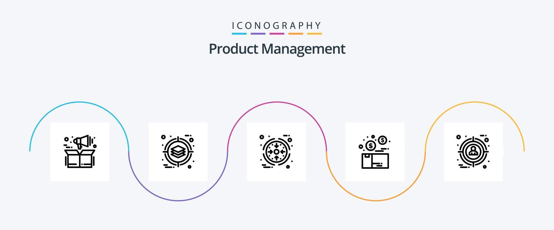 pacote de ícones da linha 5 de gerenciamento de produtos, incluindo foco. pacote. negócios. caixa. pacote vetor