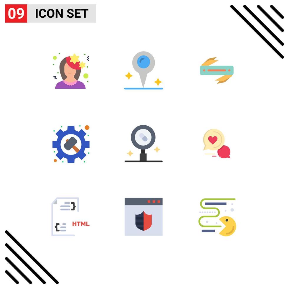 conjunto moderno de 9 cores planas e símbolos, como opções de faca de configurações de saúde, engrenagem, elementos de design de vetores editáveis