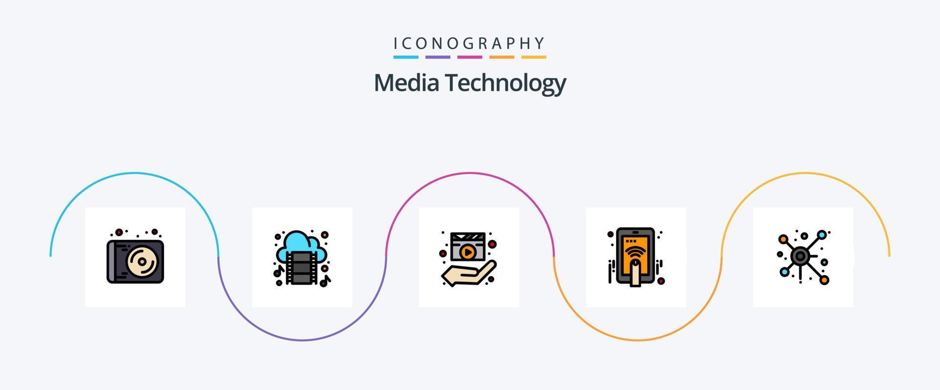 linha de tecnologia de mídia cheia de pacote de 5 ícones planos, incluindo distribuição. tocar. diretor. toque de mão. filme vetor