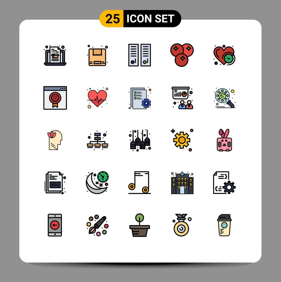 25 cores planas de linha preenchida universal definidas para aplicativos da web e móveis adoram armários de relógio quarto refeição bebida elementos de design de vetores editáveis