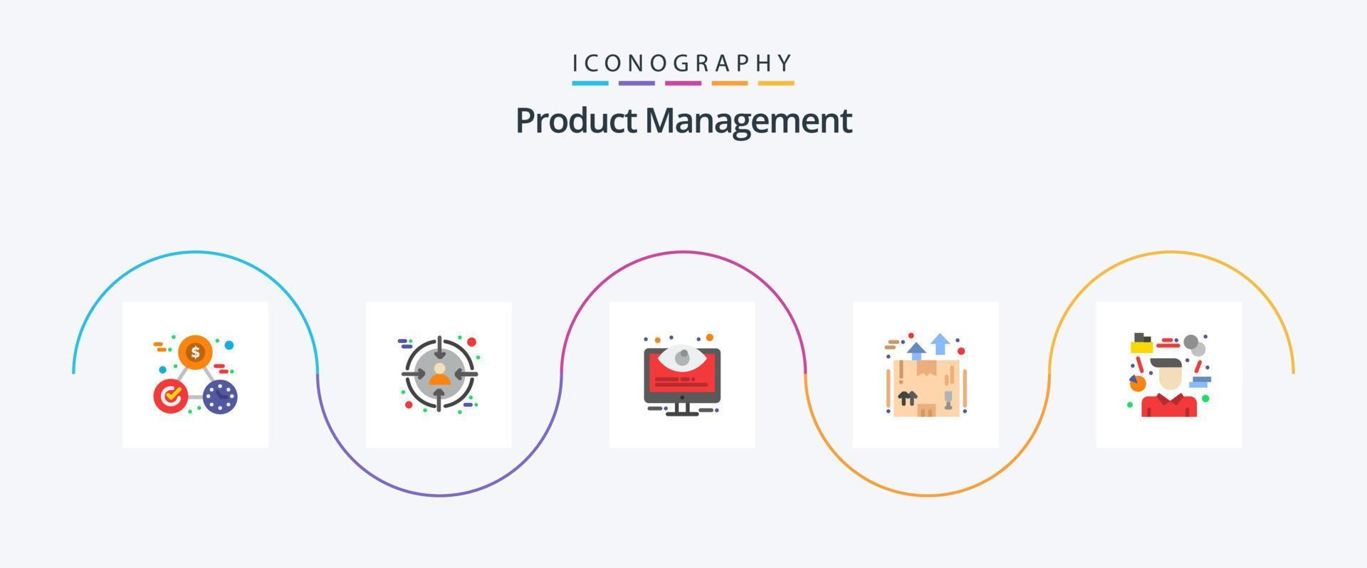 pacote de ícones plana 5 de gerenciamento de produtos, incluindo embalagem. logística. configuração. entrega. sistema vetor