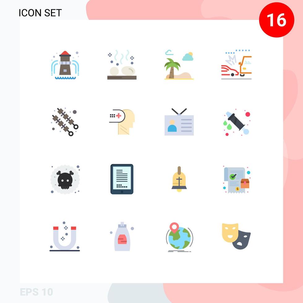 Pacote de cores planas de 16 interfaces de usuário de sinais e símbolos modernos de acidente de carros de praia de esmagamento de comida pacote editável de elementos de design de vetores criativos