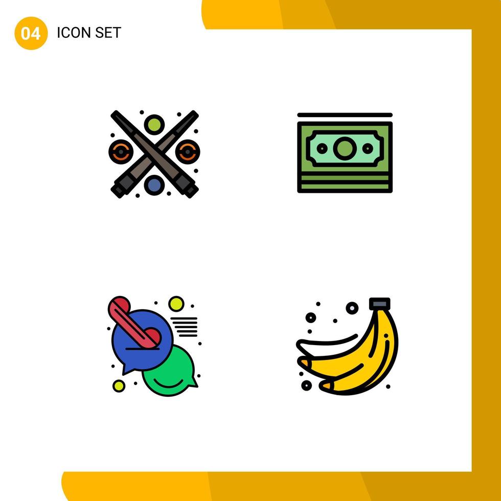 conjunto de pictogramas de 4 cores planas de linha preenchida simples de chat de bilhar suporte a dinheiro fictício elementos de design de vetores editáveis