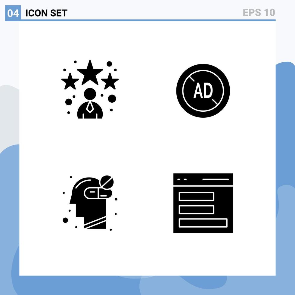 conjunto de glifos sólidos de interface móvel de 4 pictogramas de elementos de design de vetor editável de medicina de avatar saúde estrela bloqueador de anúncios