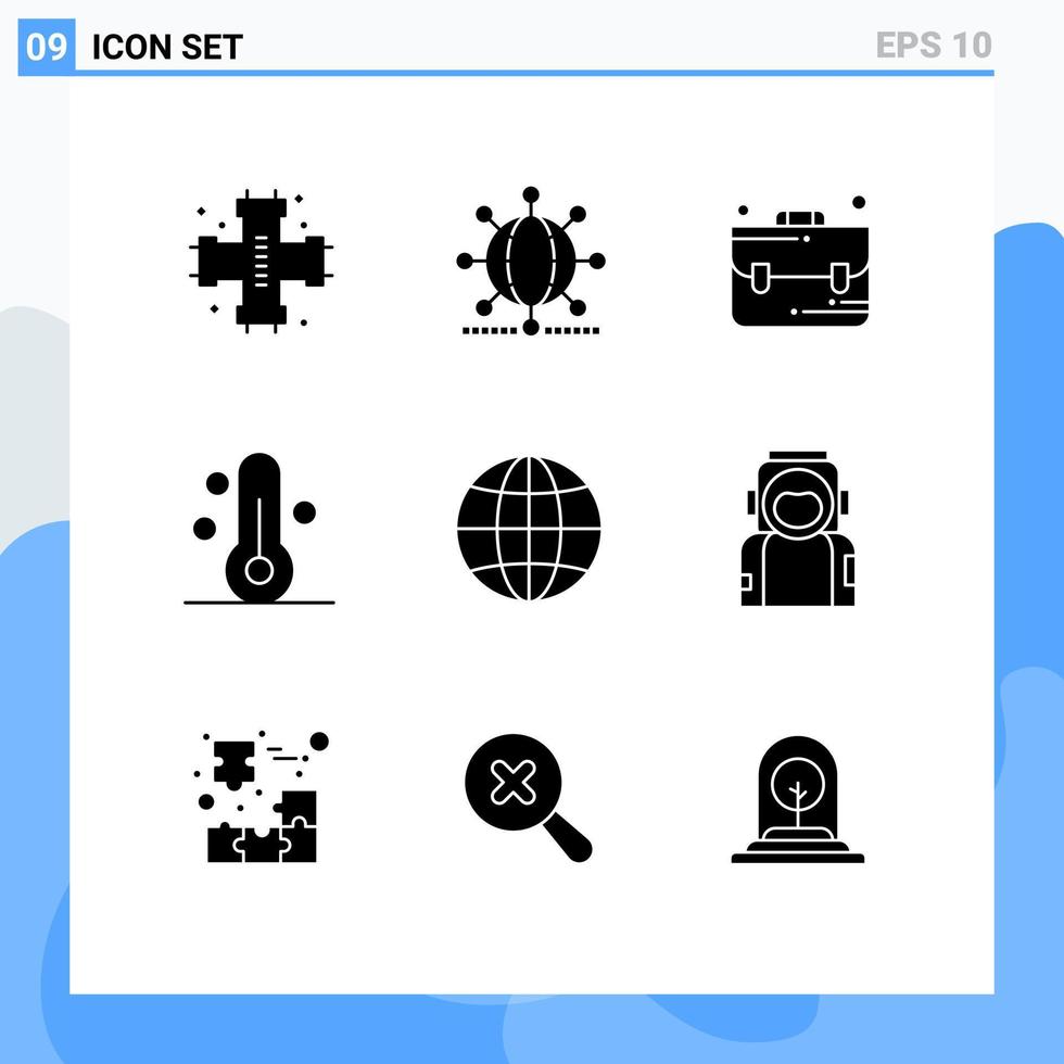 conjunto de glifos sólidos de interface móvel de 9 pictogramas de termômetro de terra escola de temperatura de negócios elementos de design de vetores editáveis