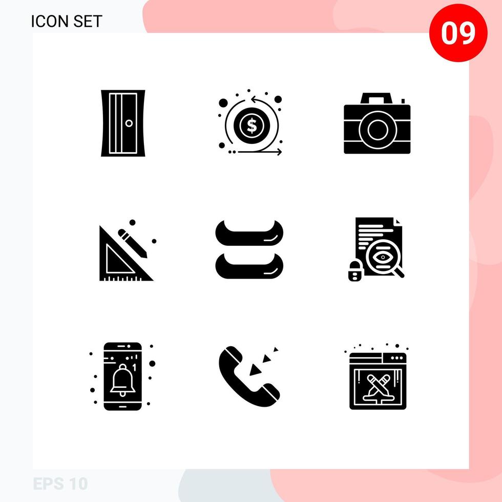 pacote de interface de usuário de 9 glifos sólidos básicos de arquivo barco computador régua de lápis elementos de design de vetores editáveis