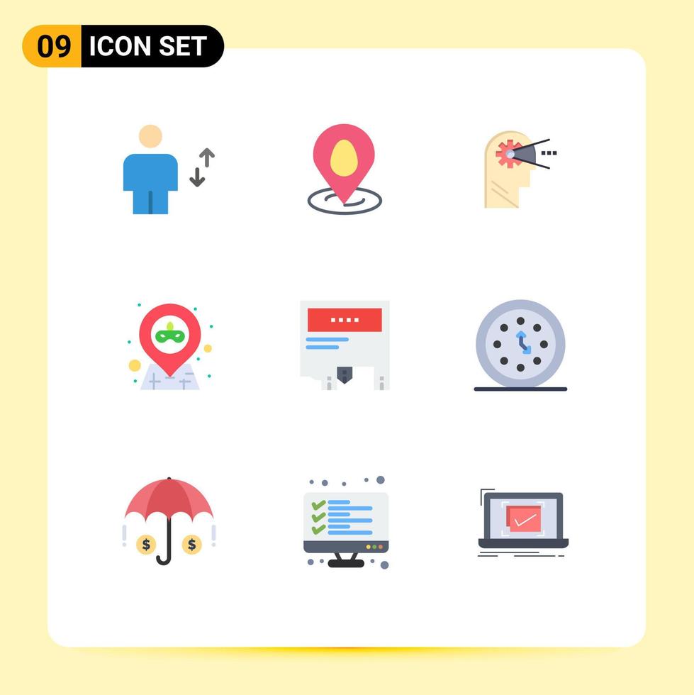 conjunto de cores planas de interface móvel de 9 pictogramas de pinos de anúncios cabeça de mapa de páscoa elementos de design de vetores editáveis
