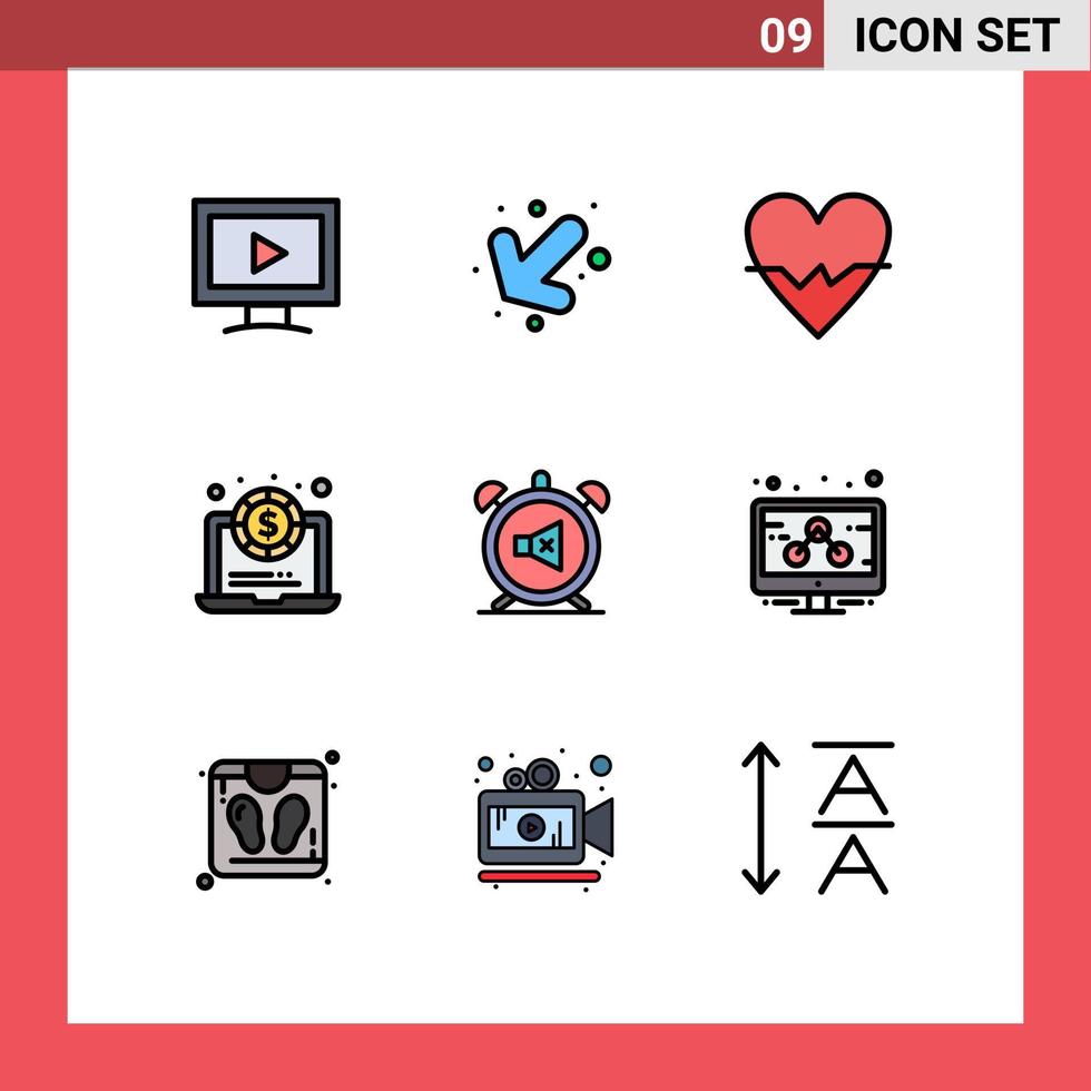grupo de símbolos de ícone universal de 9 cores planas de linhas preenchidas modernas de elementos de design de vetores editáveis de alarme de amor fora do relógio