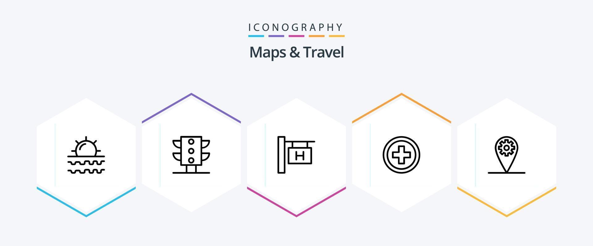 mapas e pacote de ícones de 25 linhas de viagem, incluindo . contexto. sinal do hotel. engrenagem. regular vetor