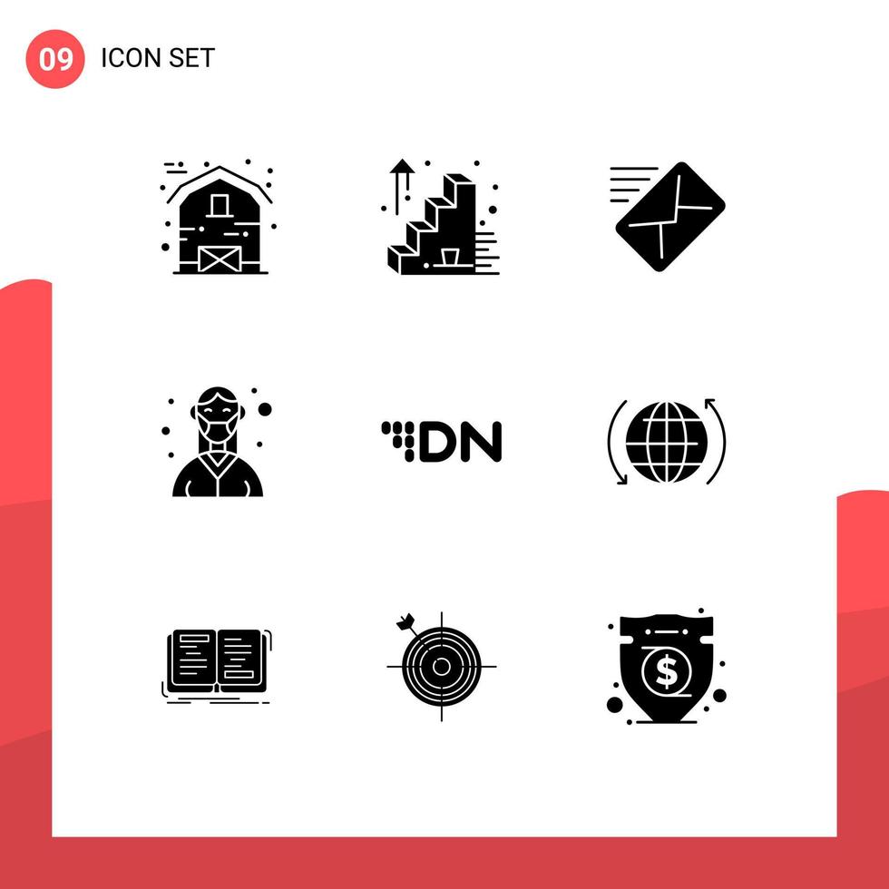 9 conceito de glifo sólido para sites móveis e aplicativos, moeda, enfermeira, correio, elementos de design de vetores editáveis femininos médicos