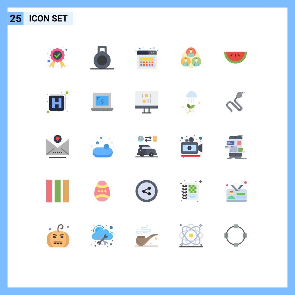 conjunto de cores planas de interface móvel de 25 pictogramas de elementos de design de vetores editáveis de comida de melancia da equipe do hospital