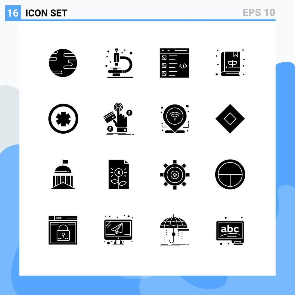 grupo de símbolos de ícones universais de 16 glifos sólidos modernos de medicina de teste desenvolvem elementos de design de vetores editáveis de jardim médico