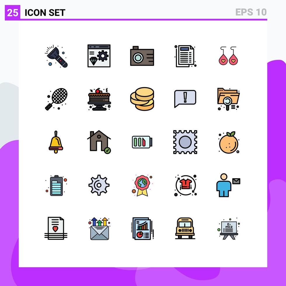 pacote de linha vetorial editável de 25 cores planas de linha preenchida simples de relatório de orelha de câmera de amor de bola elementos de design vetorial editáveis vetor
