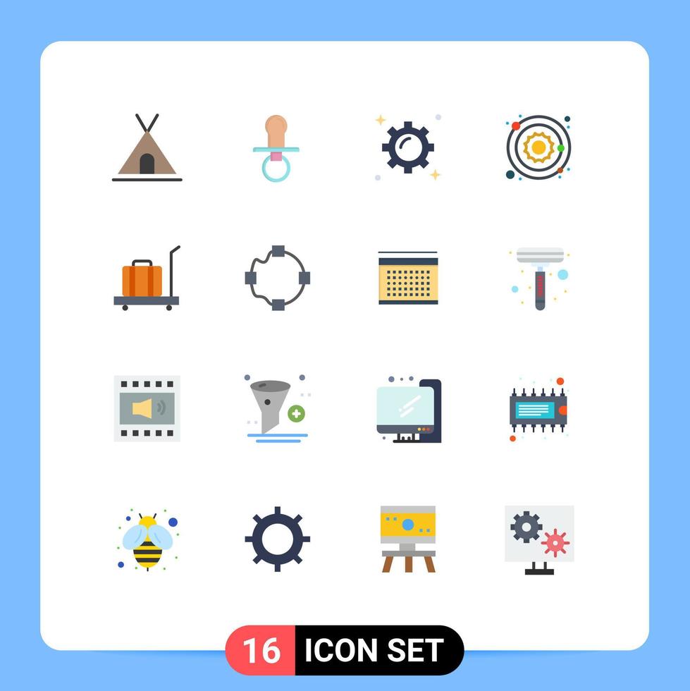 Pacote de cores planas de 16 interfaces de usuário de sinais e símbolos modernos de bagagem estrela crianças planeta comércio pacote editável de elementos de design de vetores criativos