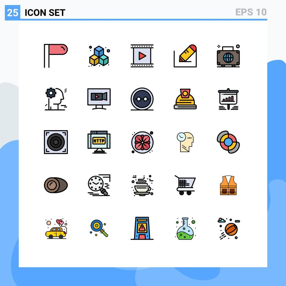 pacote de interface de usuário de 25 cores planas de linha preenchida básica de elementos de design de vetores editáveis de escola de bagagem de produção global de bagagem