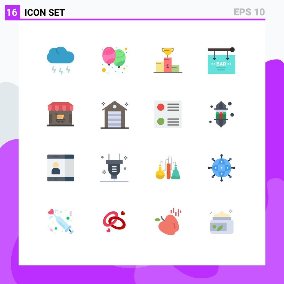 Pacote de cores planas de 16 interfaces de usuário de sinais e símbolos modernos de aniversário de festa, pacote editável de xícara de bar de elementos de design de vetores criativos