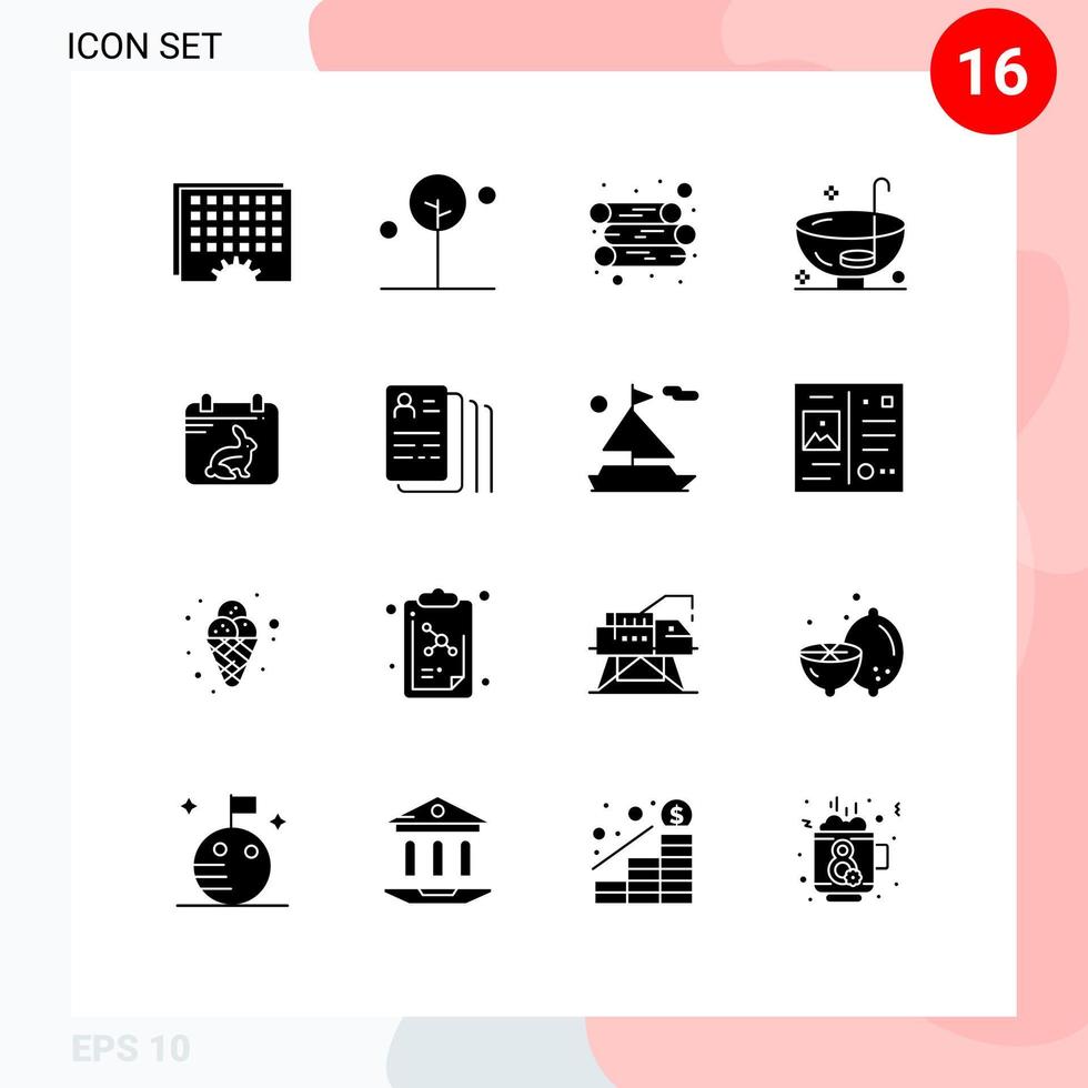 conjunto moderno de 16 glifos e símbolos sólidos, como elementos de design de vetores editáveis de jantar de feriado de árvore de perfurador de calendário