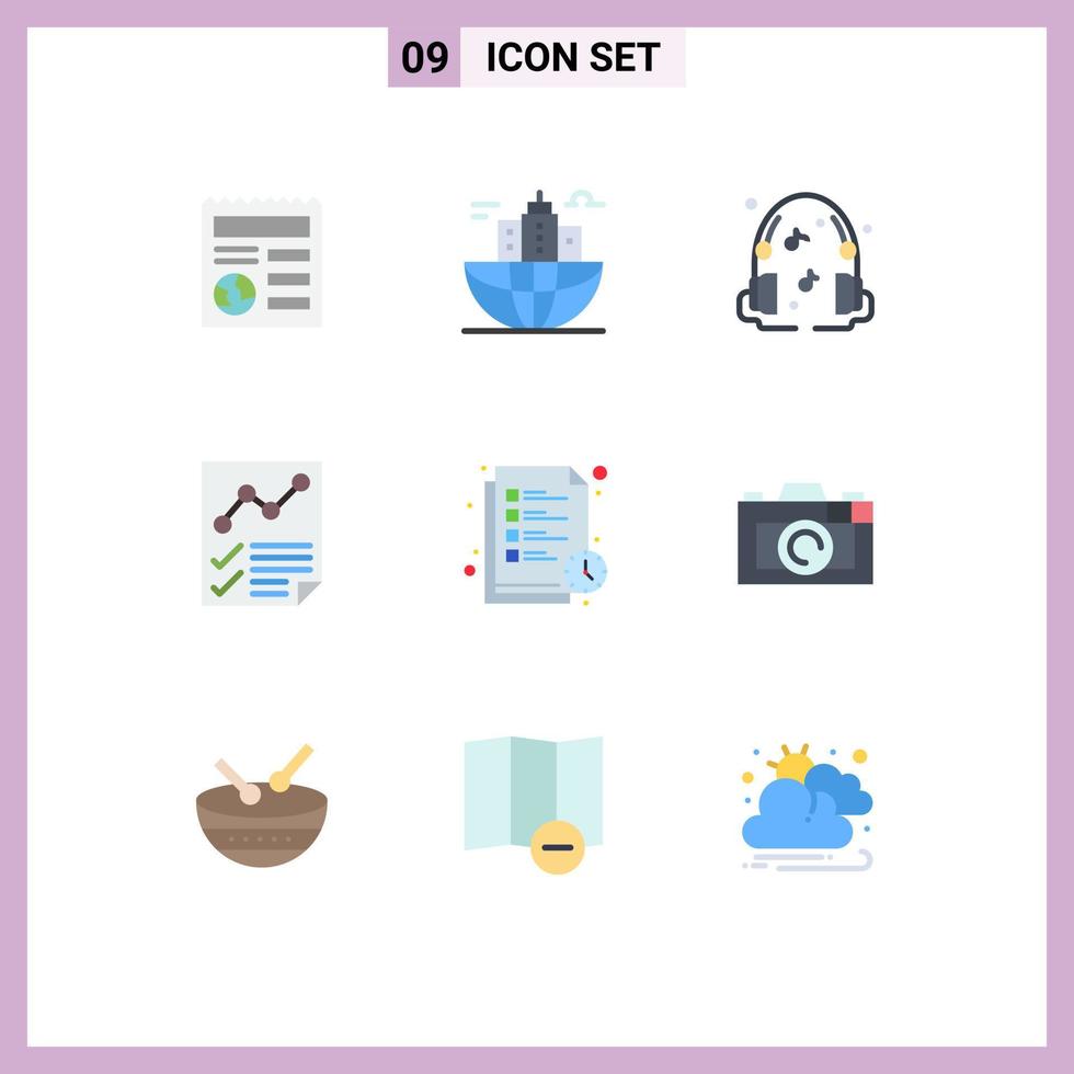 pacote de 9 sinais e símbolos modernos de cores planas para mídia impressa na web, como leitura de página de tempo, análise de documento, elementos de design de vetores editáveis