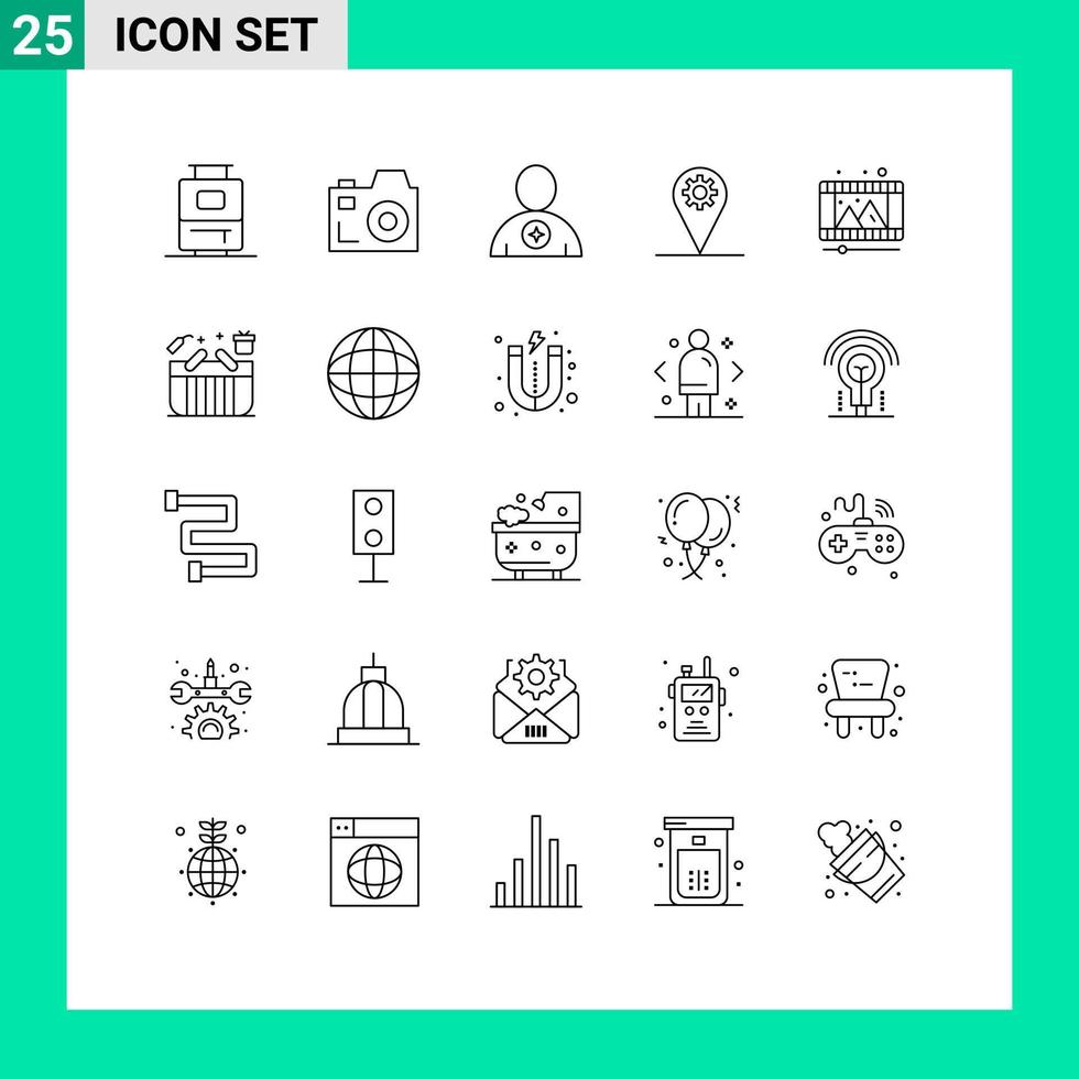 conjunto de 25 símbolos de ícones de interface do usuário modernos, sinais para reprodução de vídeo, localização de engrenagem reservada, elementos de design de vetores editáveis