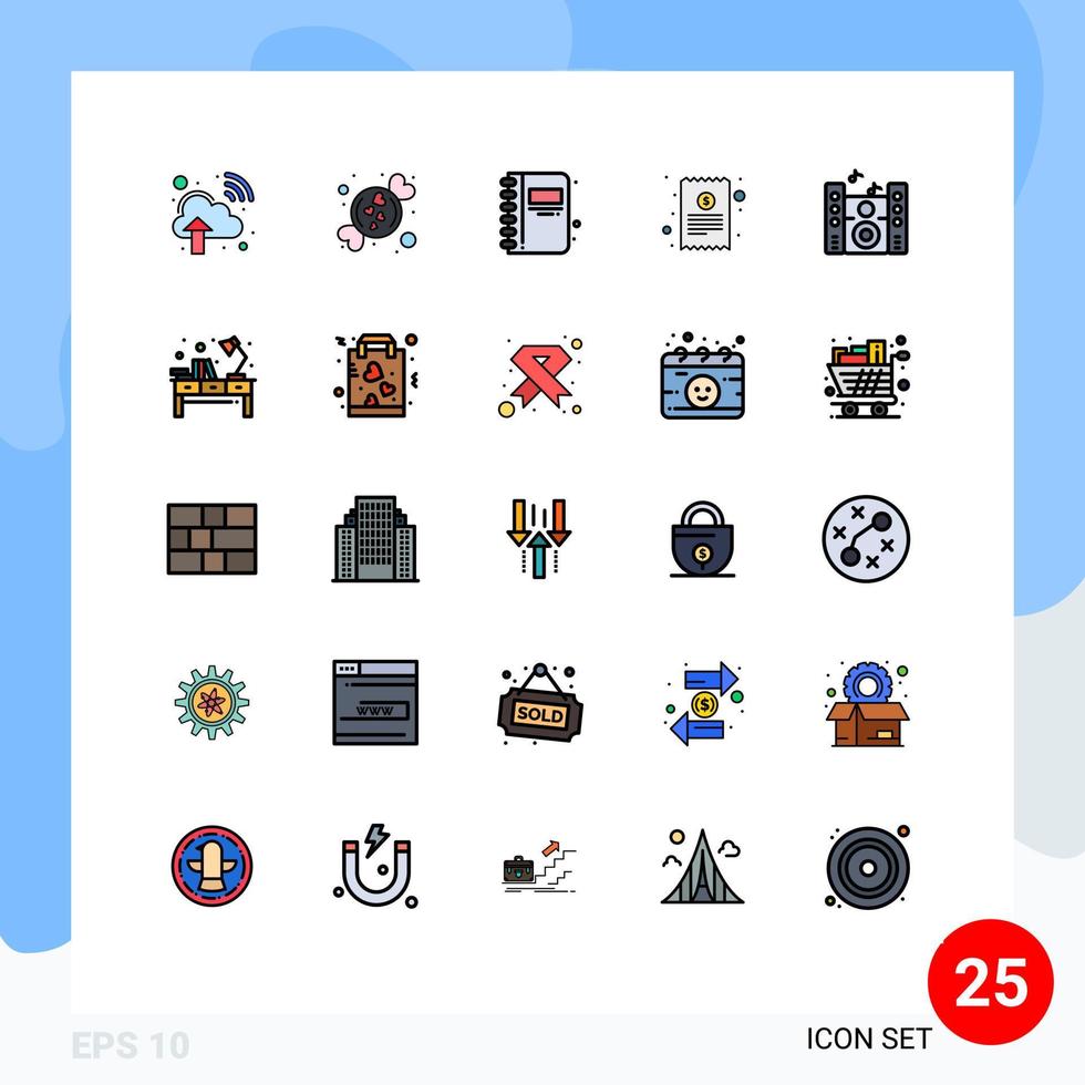 conjunto de pictogramas de 25 cores planas de linha preenchida simples de marcador de música de alto-falante financeiro recebimento de dinheiro elementos de design de vetores editáveis