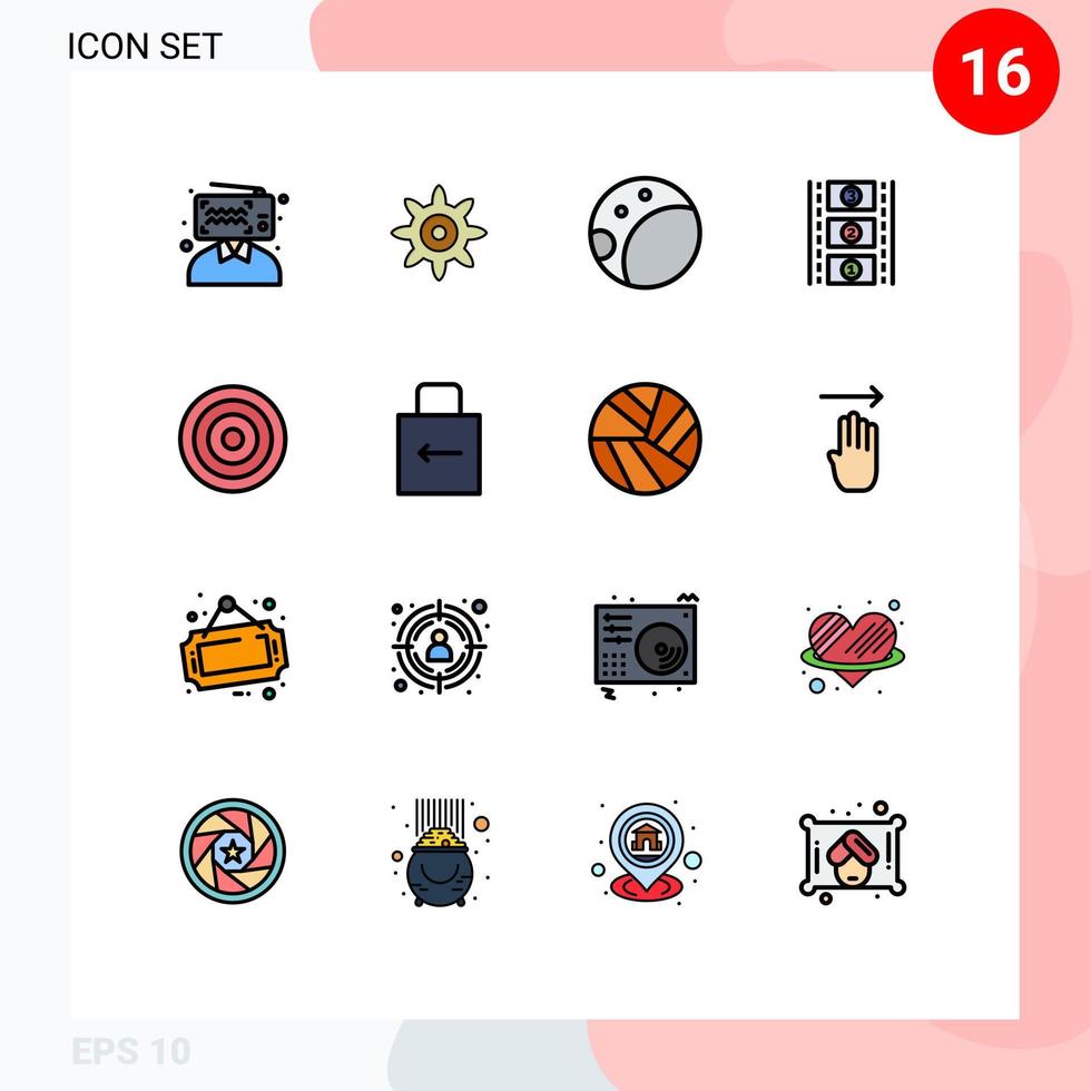 pacote de 16 sinais e símbolos de linhas cheias de cores planas modernas para mídia de impressão na web, como interface de usuário de carretel de filme de seta pad de bloqueio editável elementos de design de vetor criativo