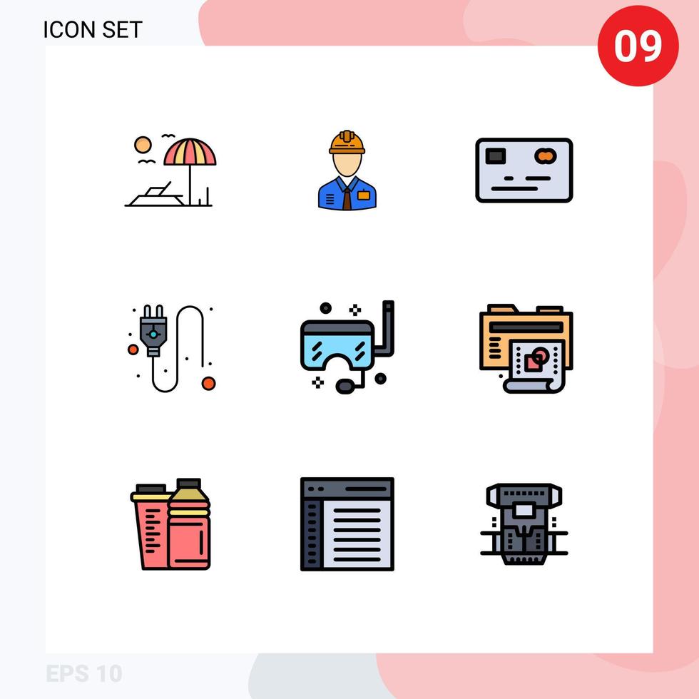 9 interface do usuário pacote de cores planas de linha cheia de sinais e símbolos modernos de óculos de proteção oceânicos soquete de trabalho elétrico elementos de design de vetores editáveis
