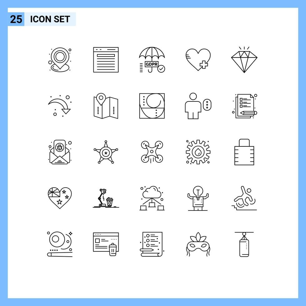 25 linhas universais definidas para aplicativos da web e móveis pesquisa favorita de diamante adicionar elementos de design de vetores editáveis