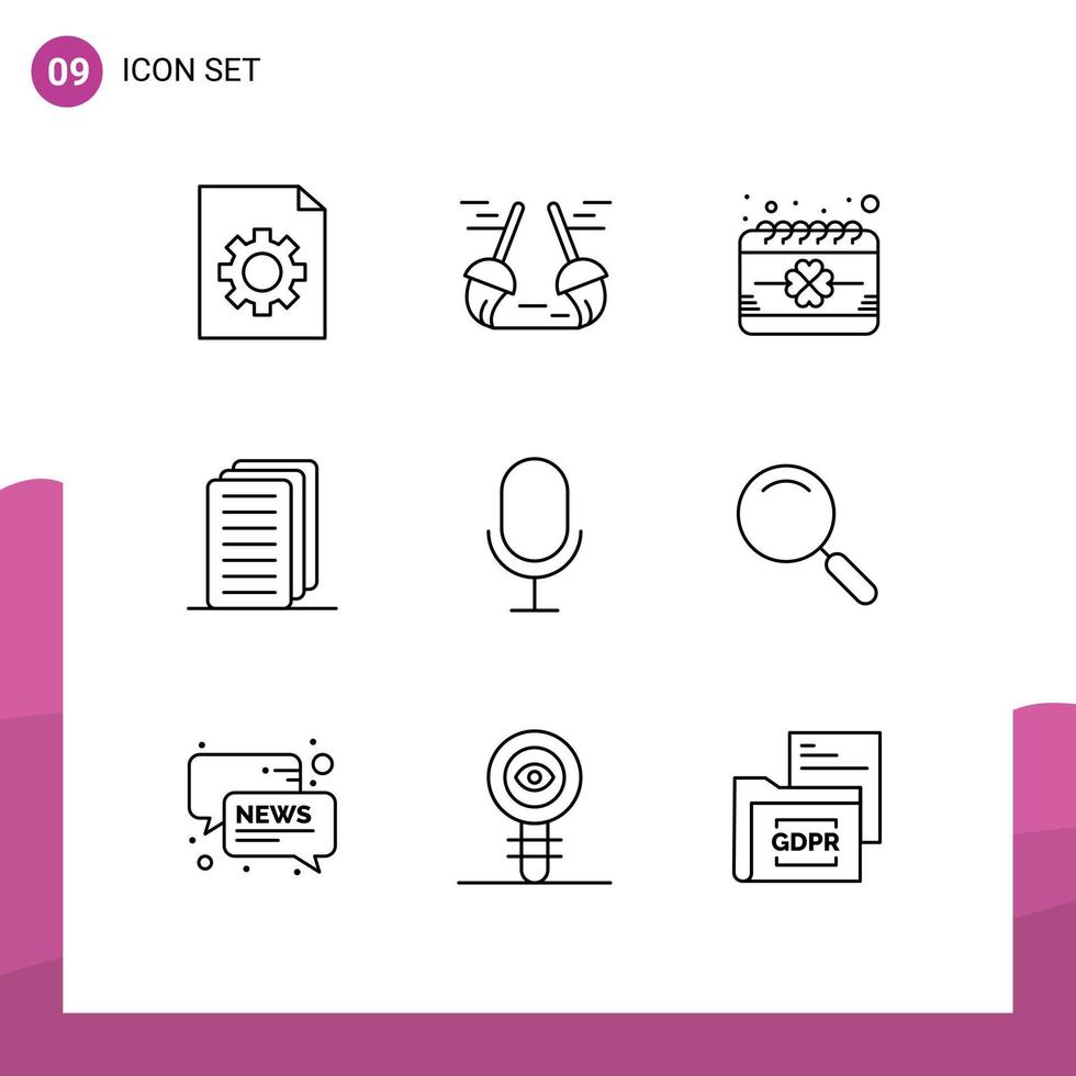conjunto de esboço de interface móvel de 9 pictogramas de elementos de design de vetor editável de arquivo de data de registro de microfone comercial