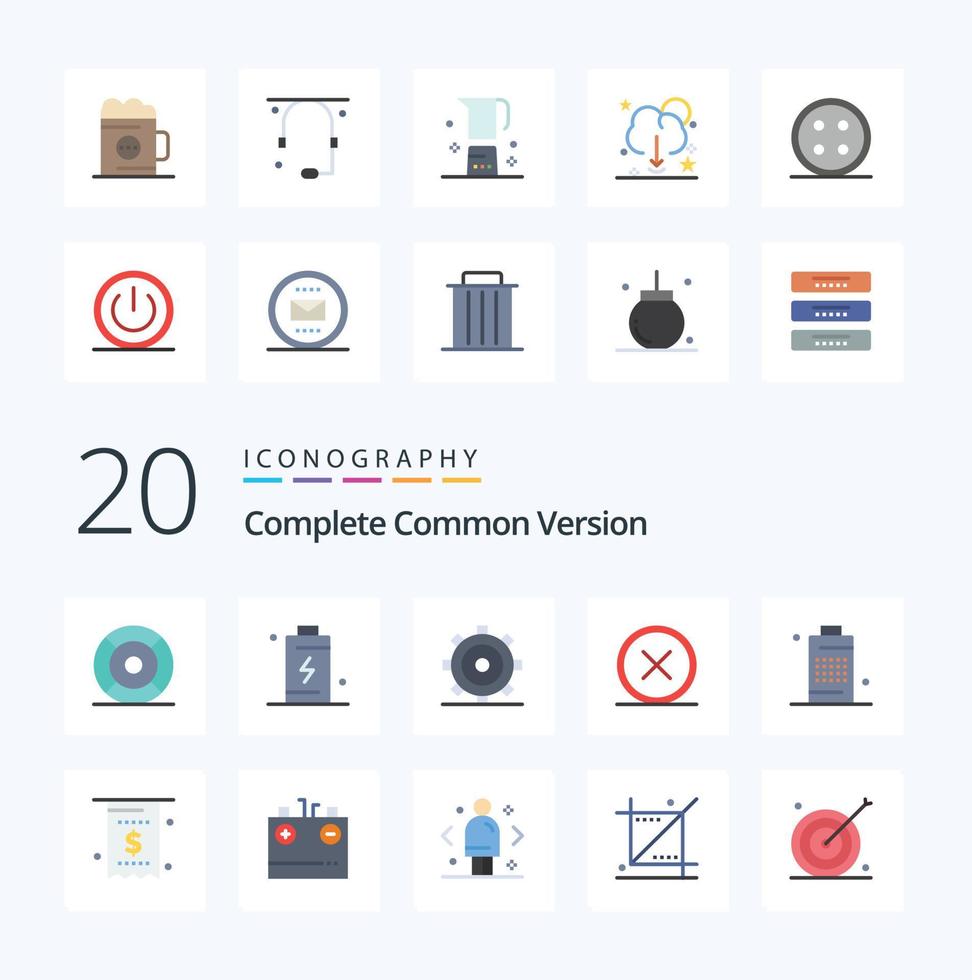 20 pacote completo de ícones de cores planas de versão comum, como excluir configuração de círculo de carregamento próximo vetor