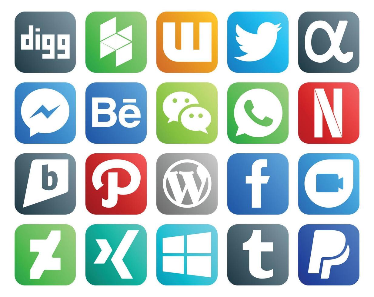 20 pacotes de ícones de mídia social, incluindo google duo cms wechat wordpress brightkite vetor