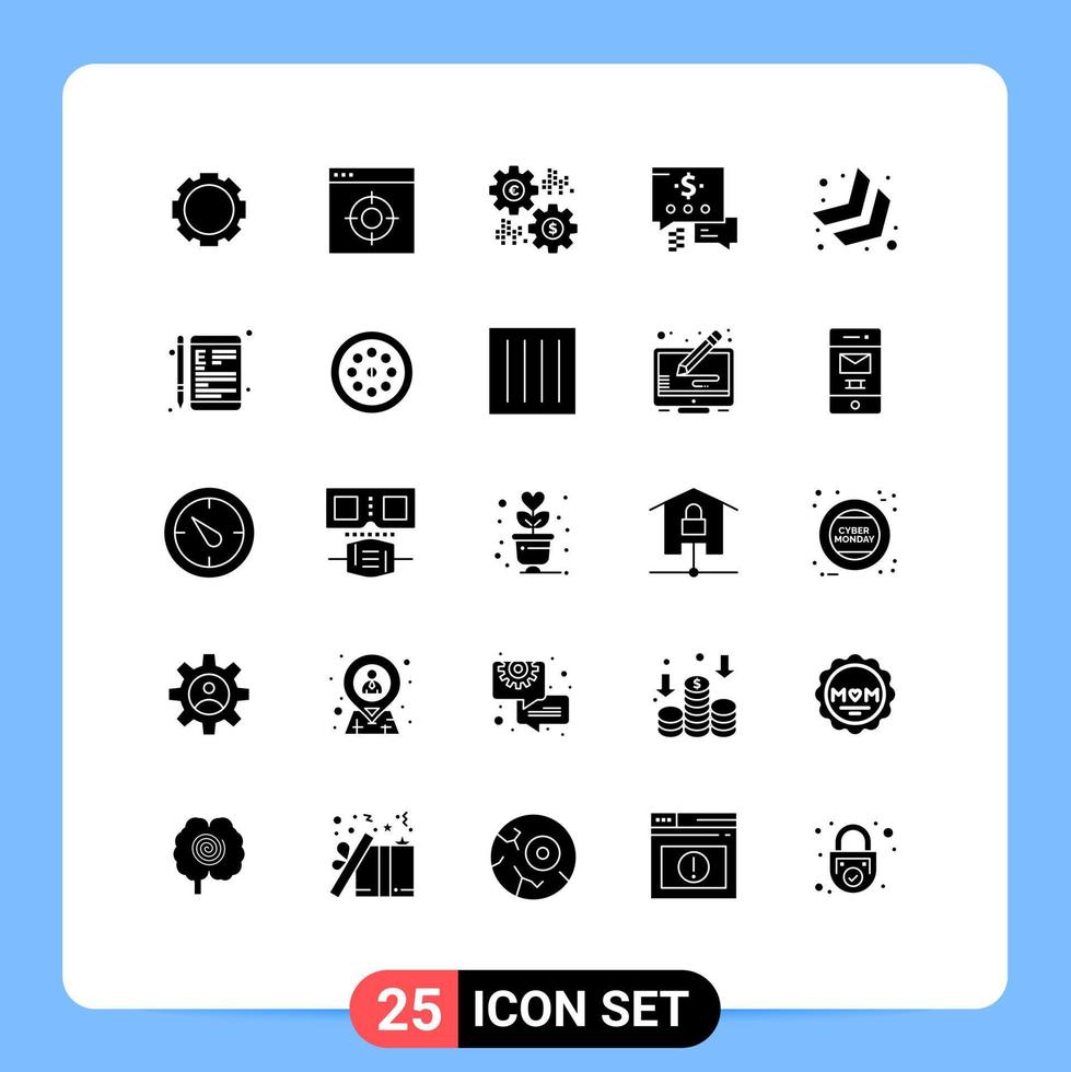 conjunto moderno de 25 glifos e símbolos sólidos, como seta para baixo, dinheiro, dólar, bate-papo, elementos de design de vetores editáveis