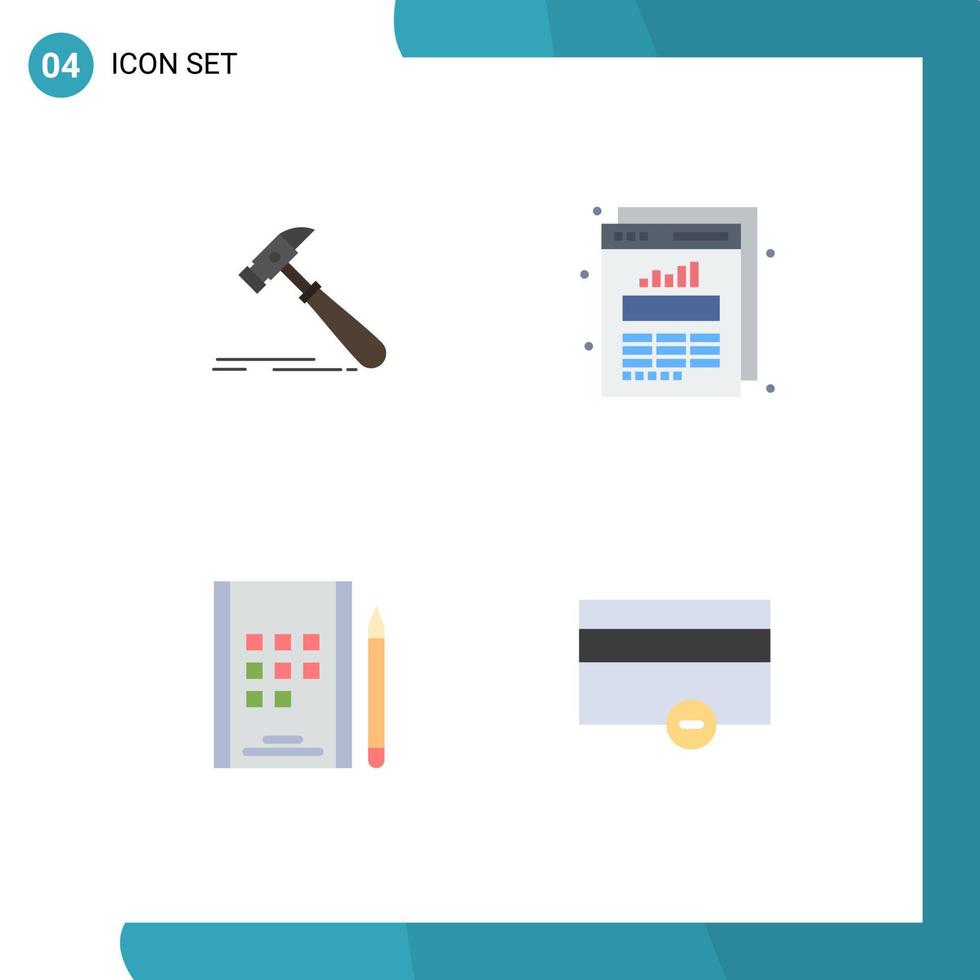 pacote de interface do usuário de 4 ícones planos básicos do livro de martelo notas de dados fortes elementos de design vetorial editáveis vetor
