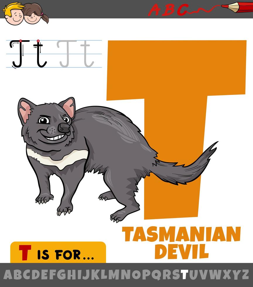 letra t do alfabeto com desenho animal do demônio tasmaniano vetor
