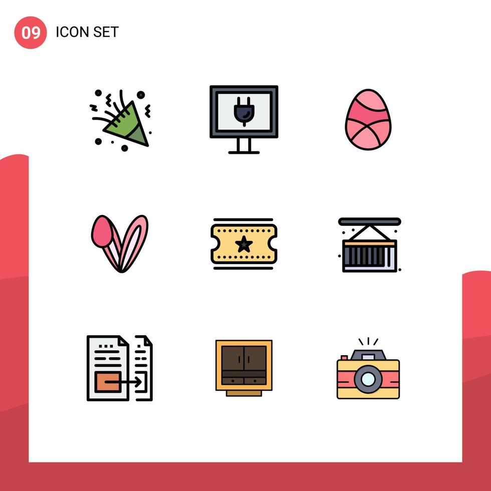 pacote de linha vetorial editável de 9 cores planas de linha preenchida simples de ingressos de cinema face celebração coelho férias elementos de design vetorial editável vetor