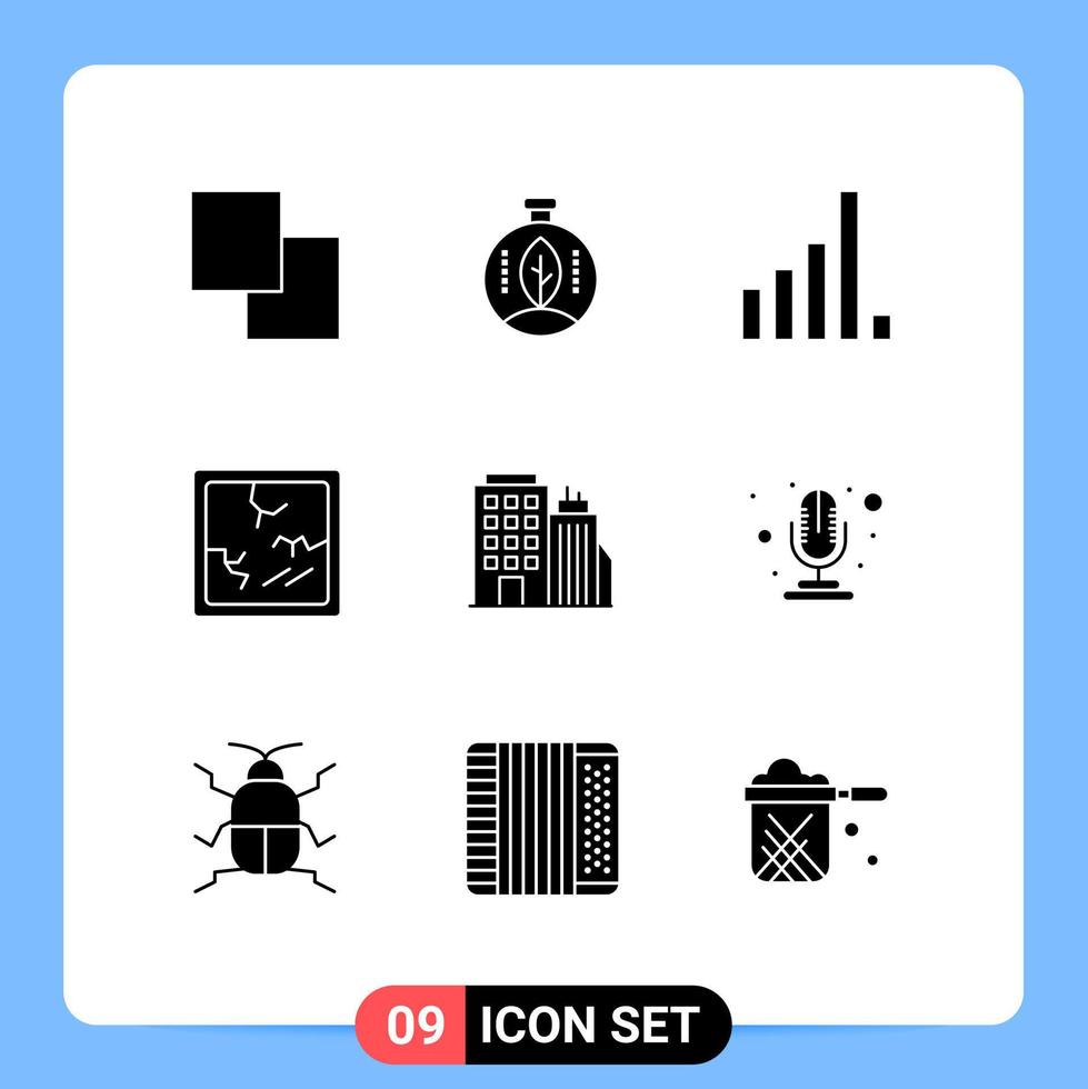 grupo de 9 glifos sólidos modernos definidos para elementos de design de vetores editáveis de espelho de telefone de torre de microfone